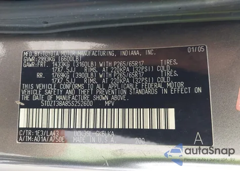 2005 Toyota Sequoia Limited V8 z USA, uszkodzony, nr VIN 5TDZT38A85S252600